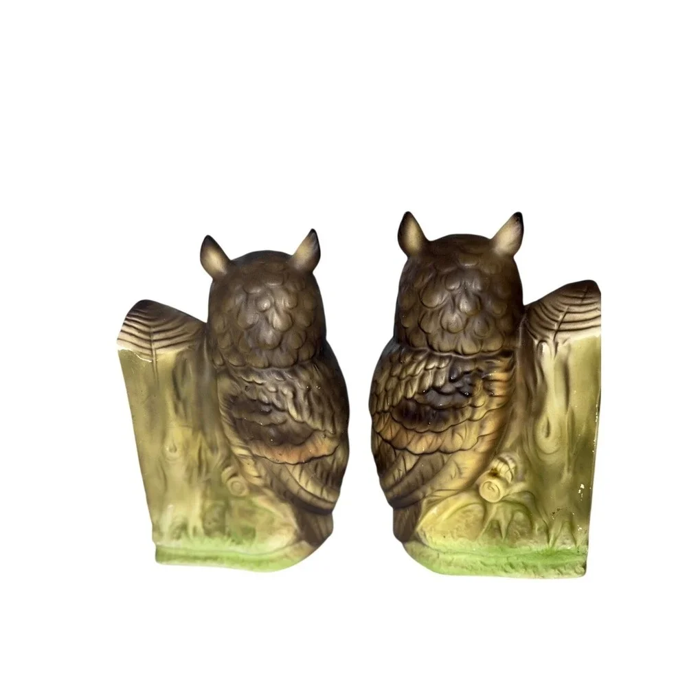 Vtg MCM Ceramic Owl Book Ends Mid Century Modern Brown Woodland Bird Decor Pair